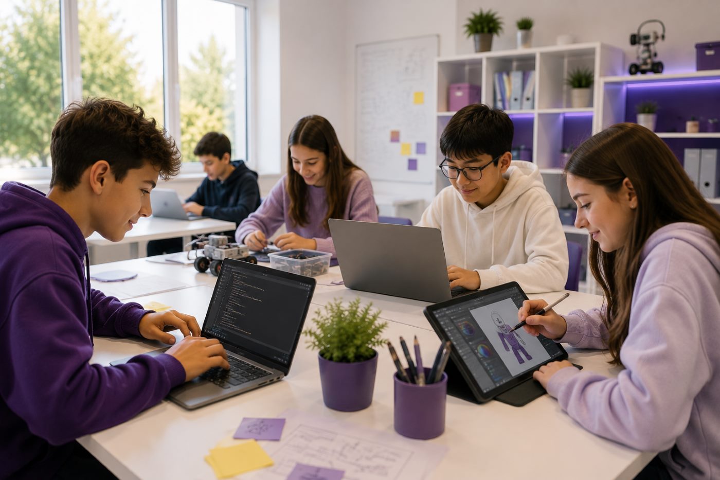 Jovens a programar e a desenhar em portáteis e tablets numa academia