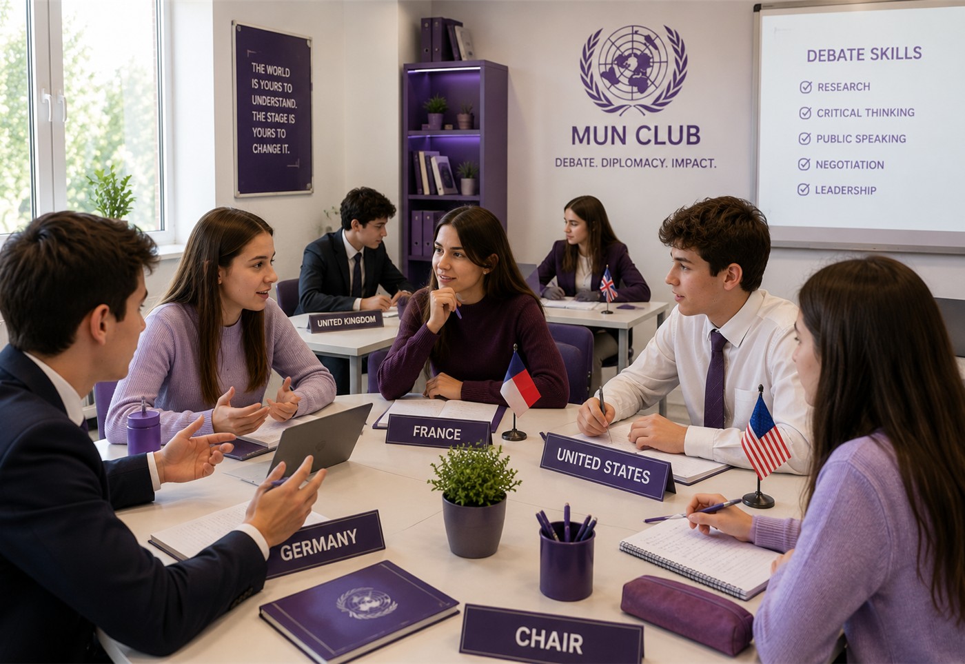 Jovens a debater num Modelo das Nações Unidas, com placas dos países e a dizer MUN Club